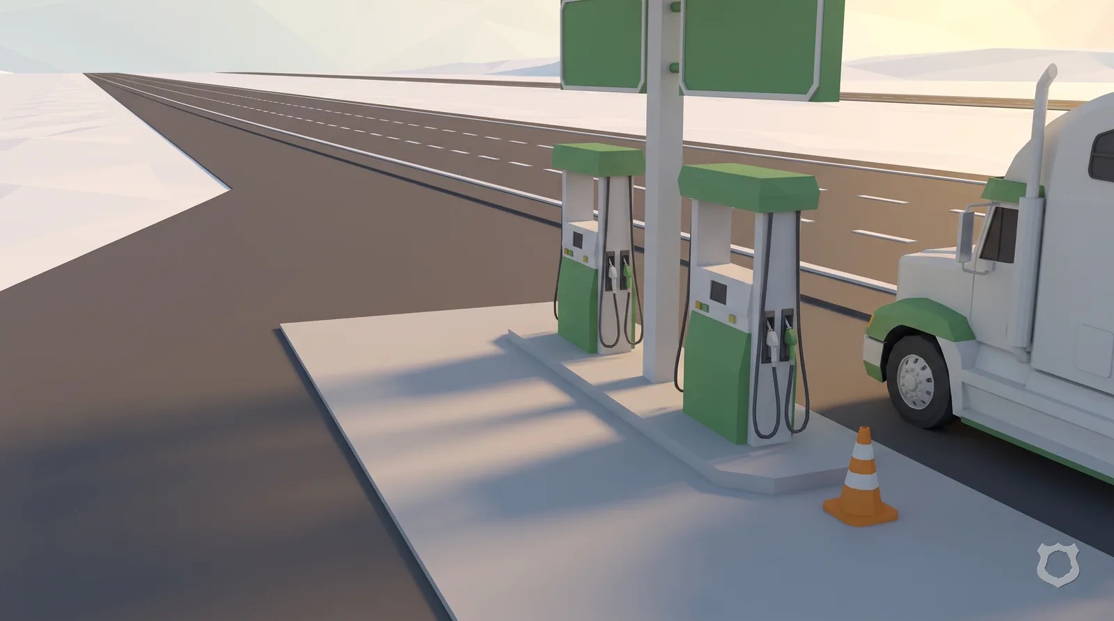 Low-poly render of a truck-stop fuel island