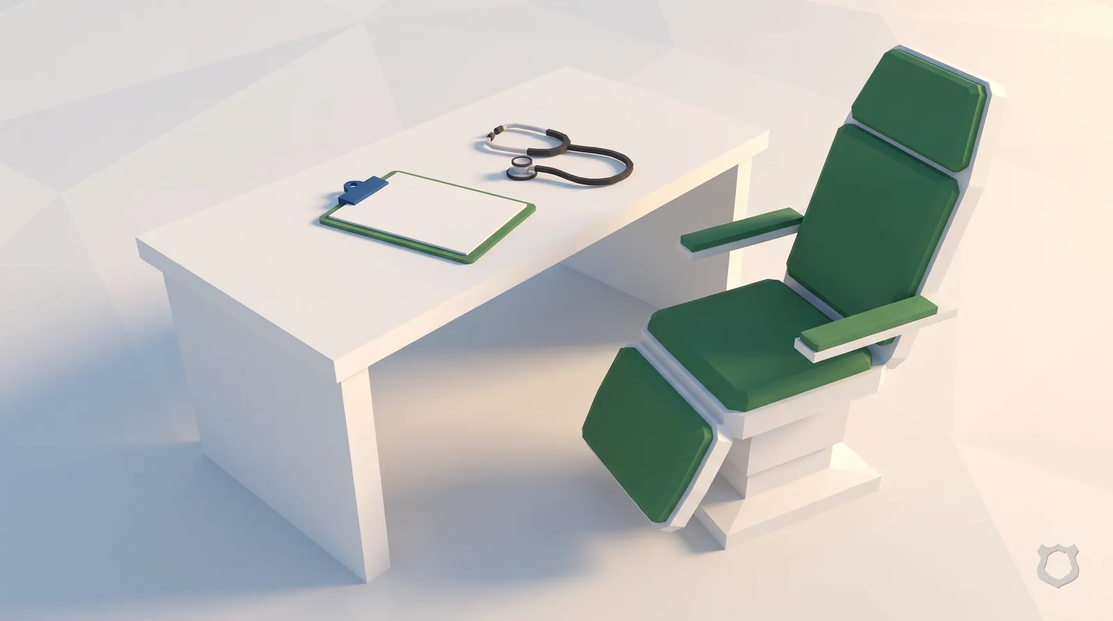 Low-poly render of a clipboard and stethoscope on an exam-room desk