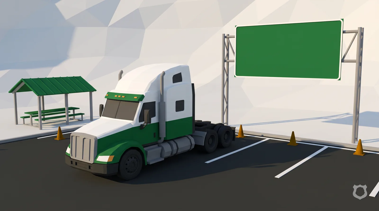 Low-poly render of a truck parked at a daytime rest area