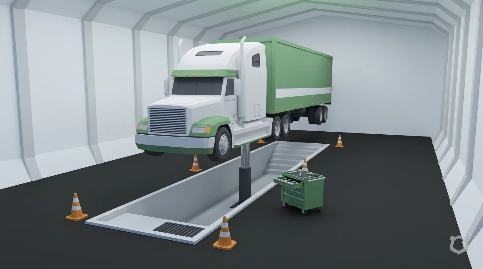 Low-poly render of a truck in an inspection bay