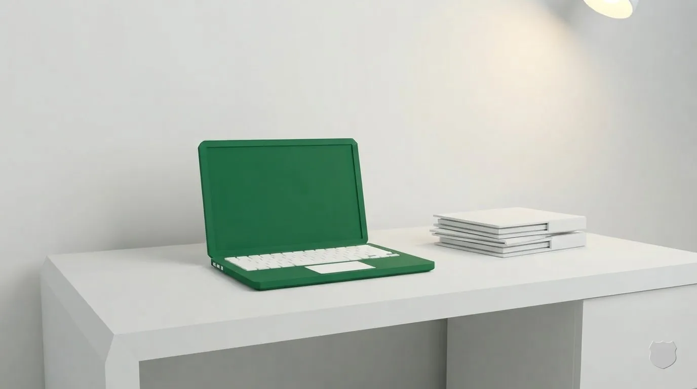 Low-poly render of a laptop beside a stack of blank folders