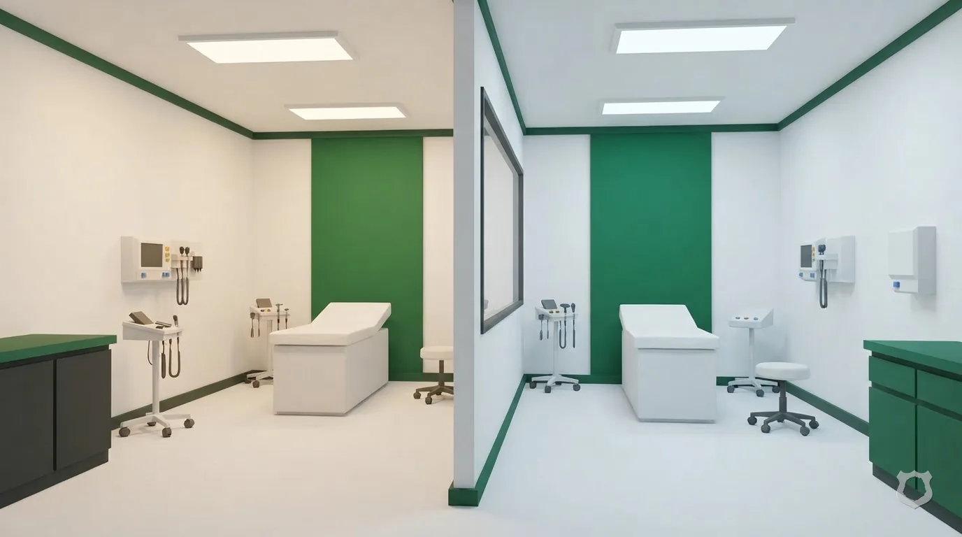 Low-poly render of two identical empty exam rooms