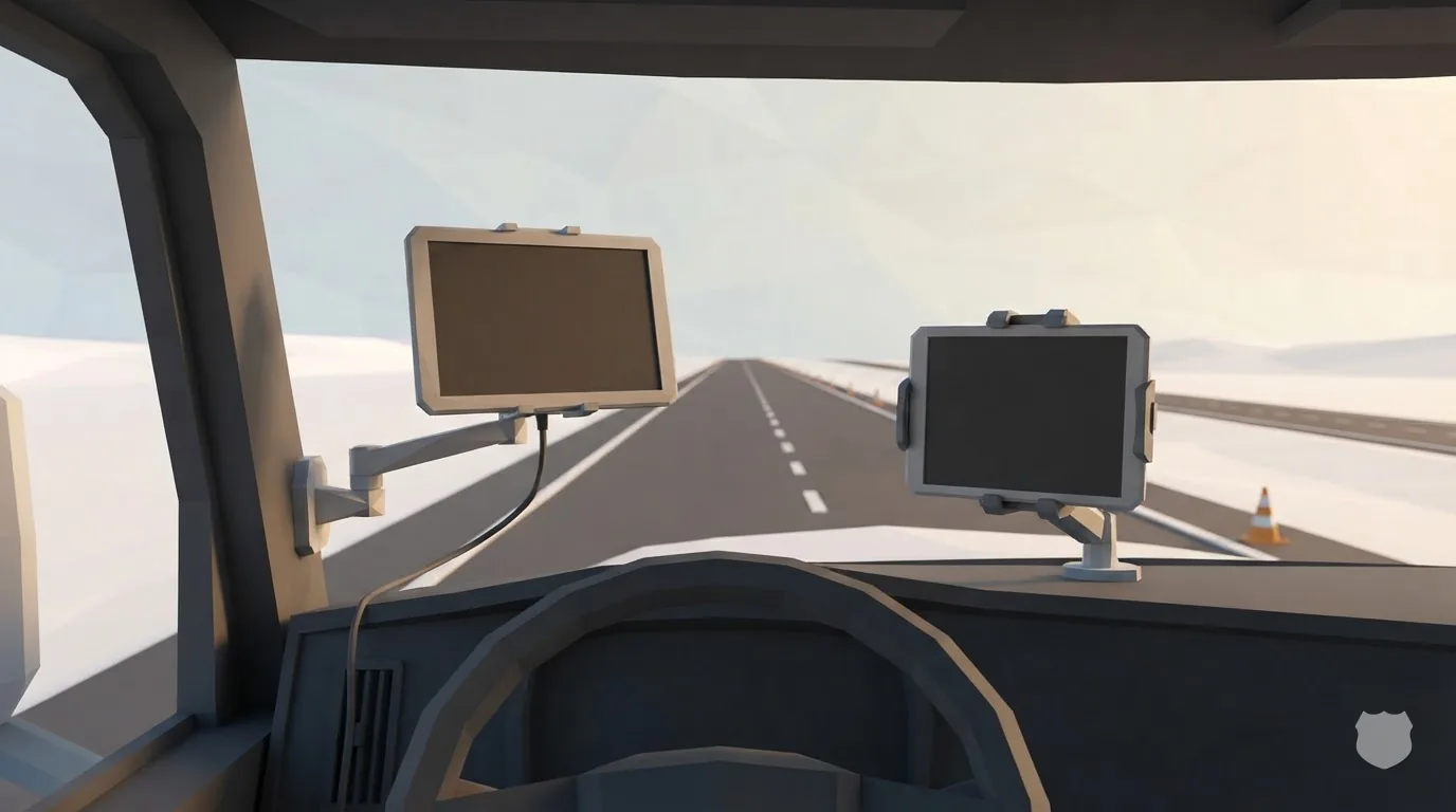 Low-poly render of two screen-and-bezel ELD tablets over a truck's steering wheel — one on an arm mount wired down to the dash, one clipped into a cradle