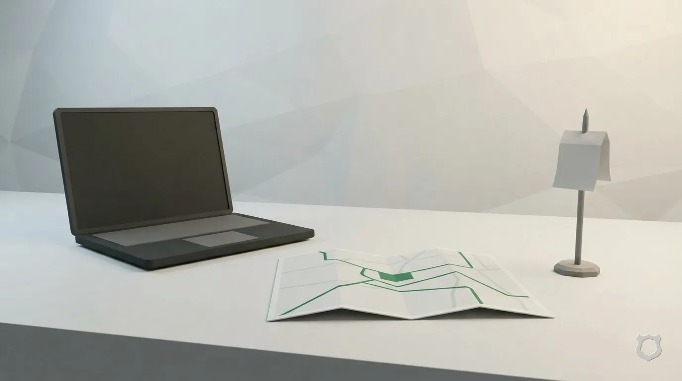 Low-poly render of a laptop beside a folded map on a desk