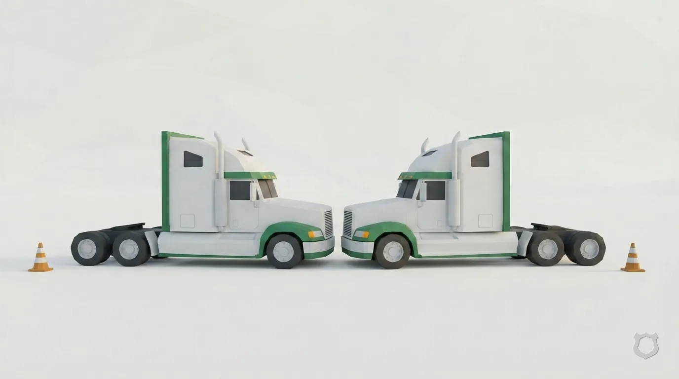 Low-poly render of two tractors parked nose to nose