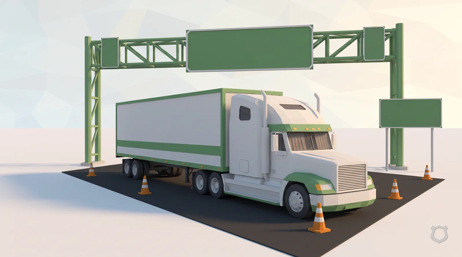 Low-poly render of a sleeper cab parked at a rest area