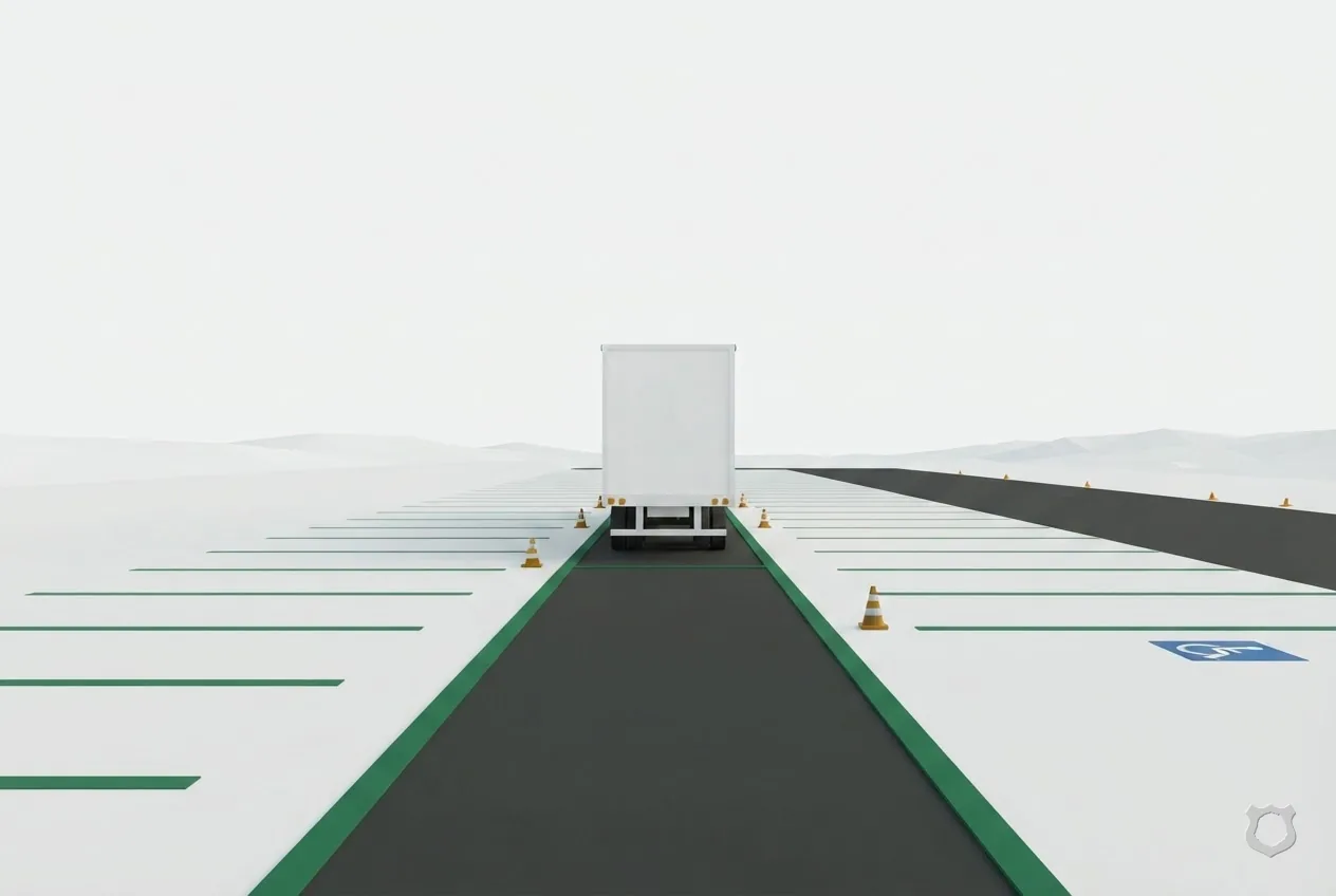 Low-poly render of an empty truck-stop parking row