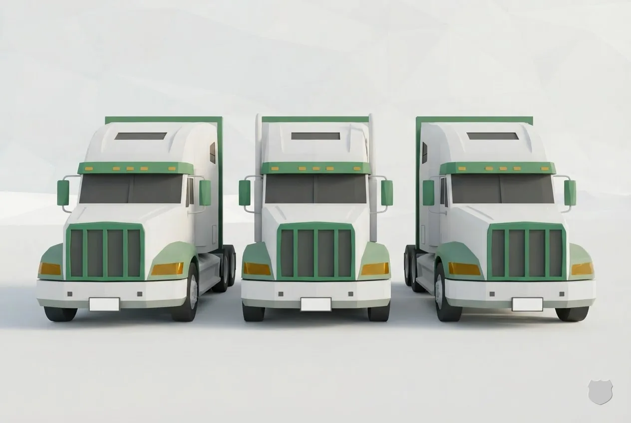 Low-poly render of three white tractor units parked nose-out side by side, each with a blank green panel across the bumper