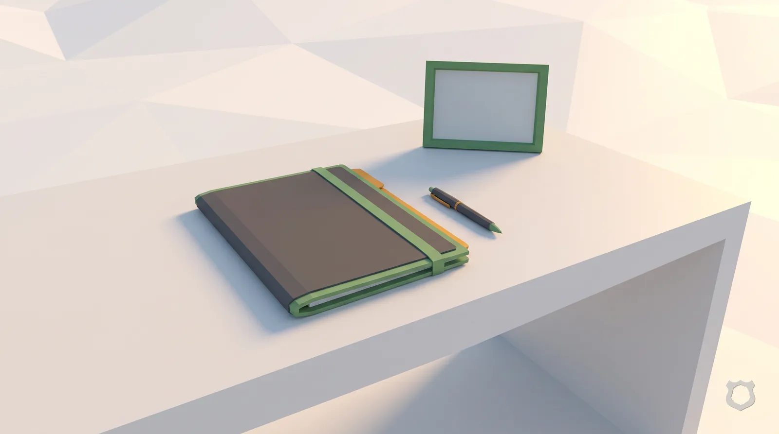 Low-poly render of a desk with a blank certificate frame