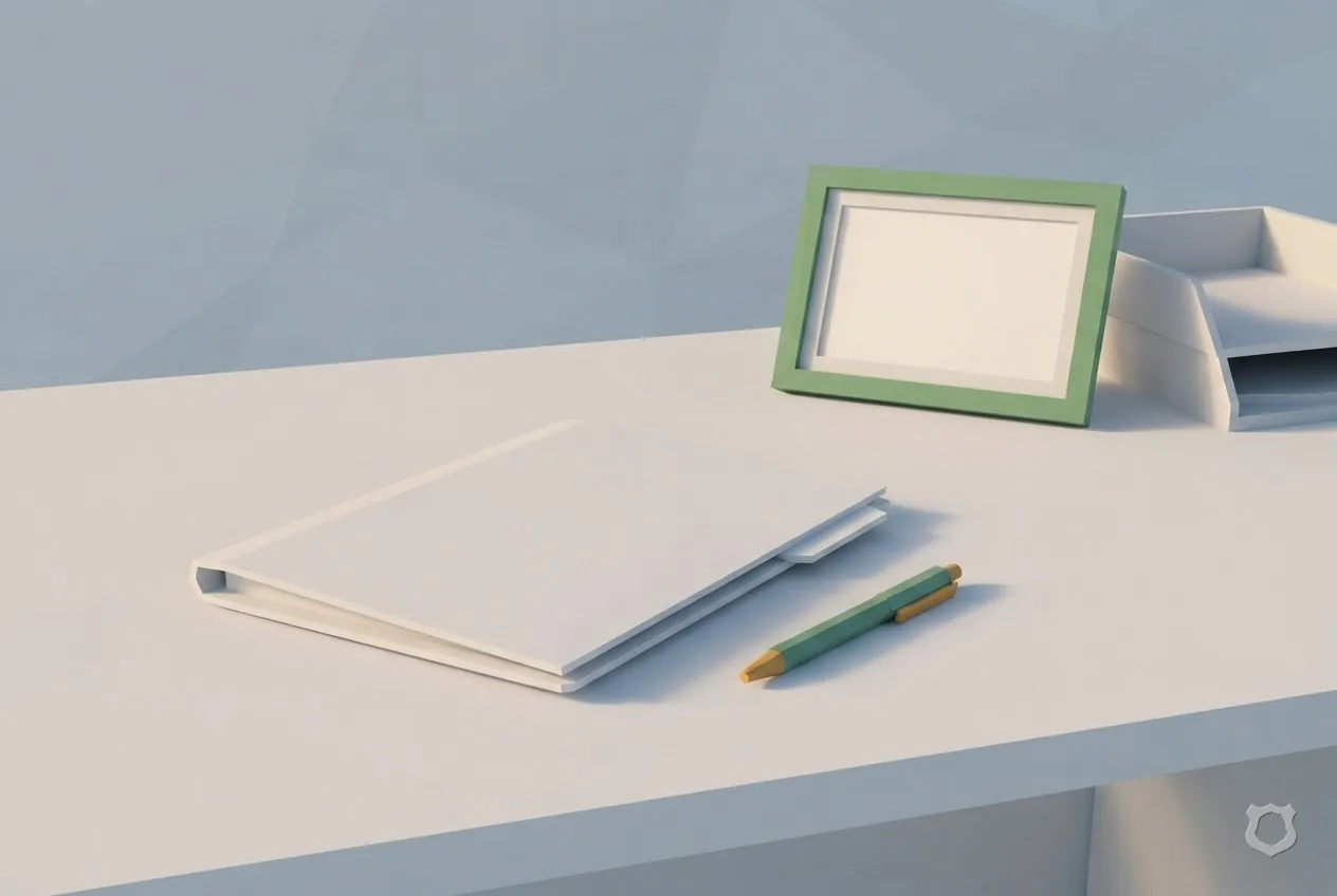 Low-poly render of a desk with a blank certificate frame
