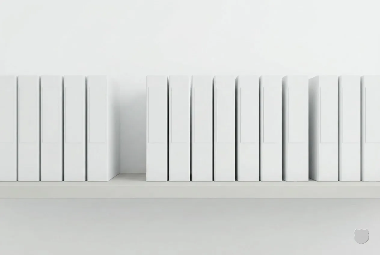 Low-poly render of a shelf of identical closed binders with one gap in the row