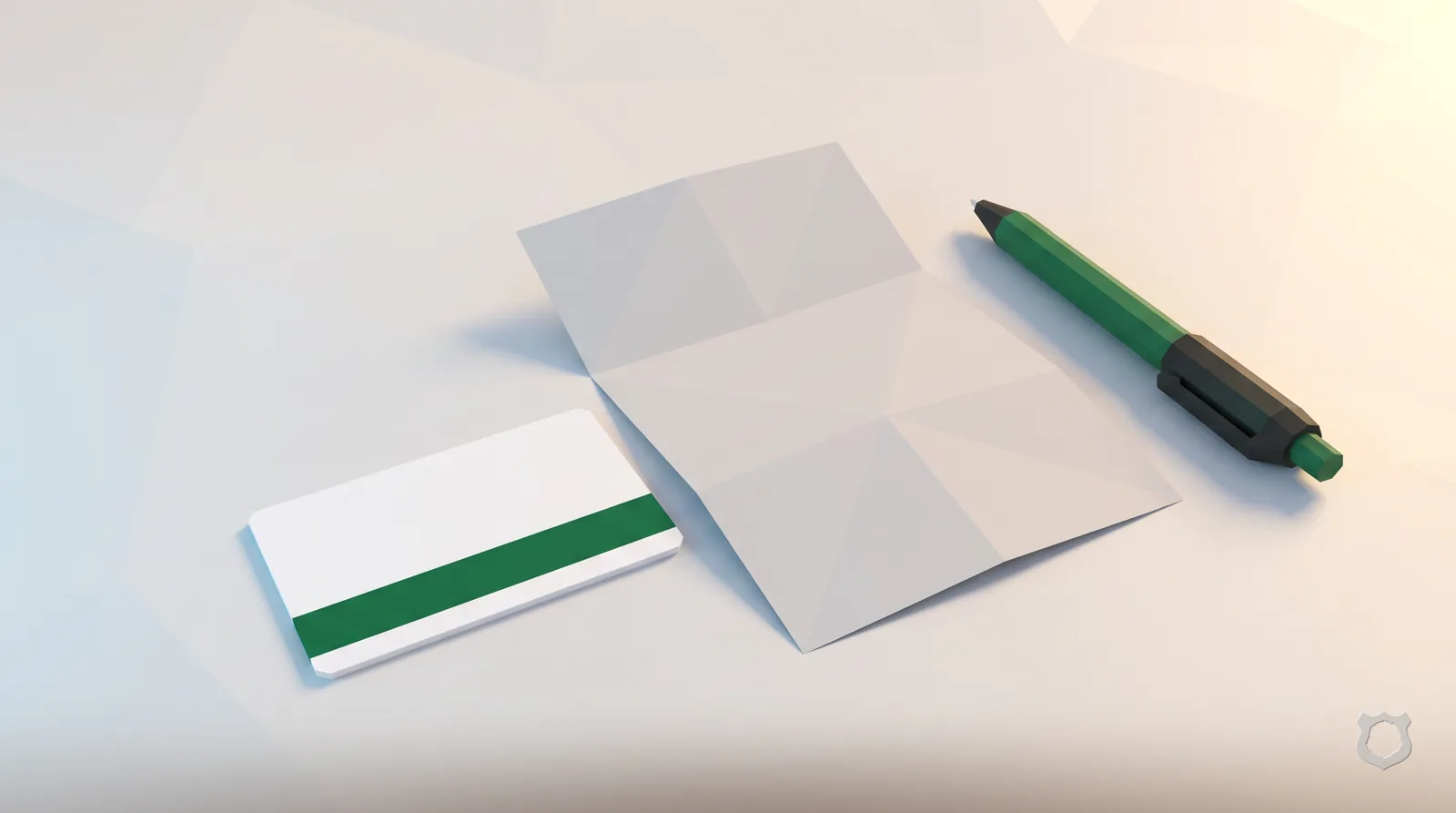 Low-poly render of a blank card and paper form on a desk