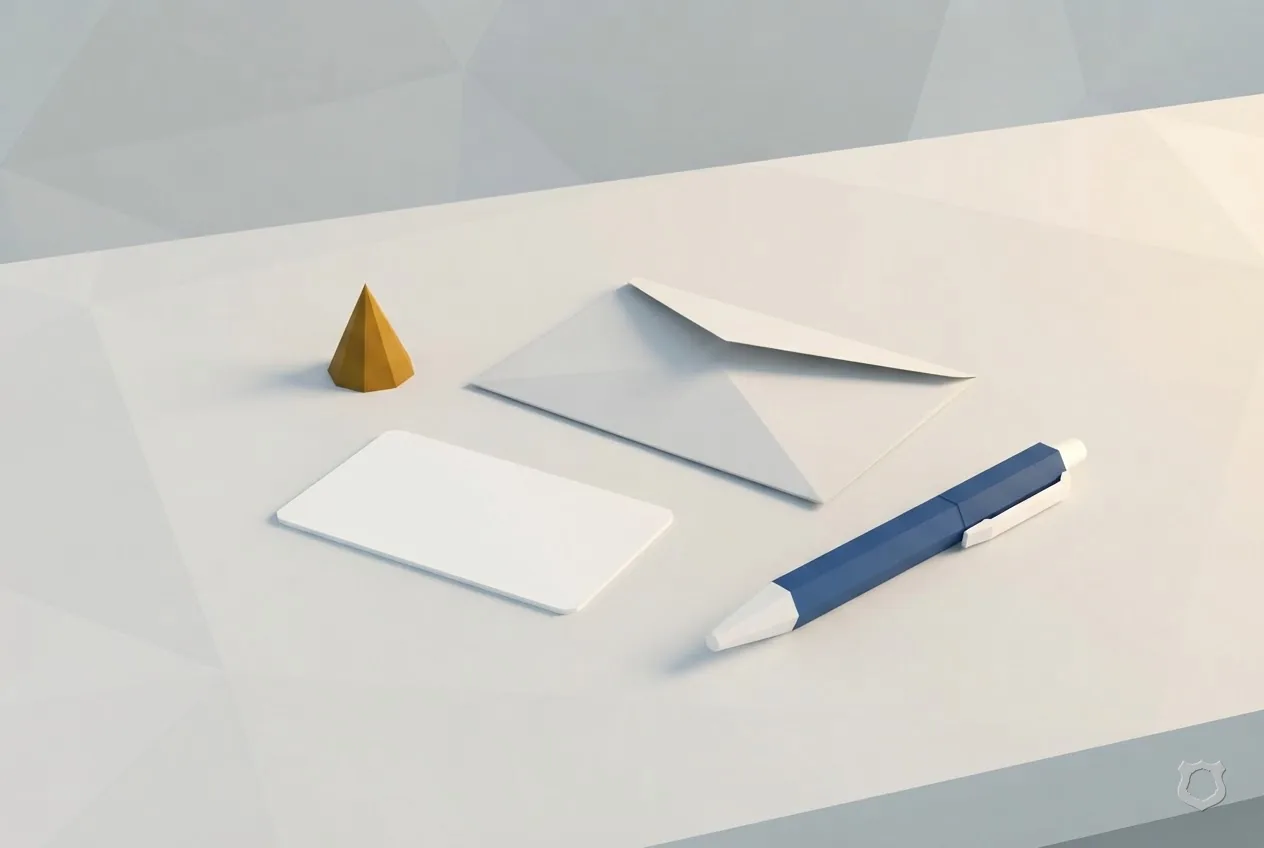 Low-poly render of a blank card and paper form on a desk