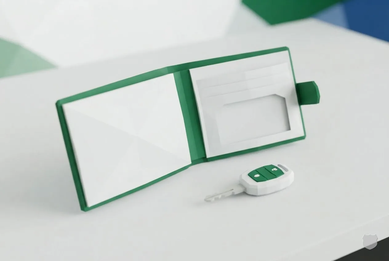 Low-poly render of an open wallet with an empty card window lying on a desk beside a key fob