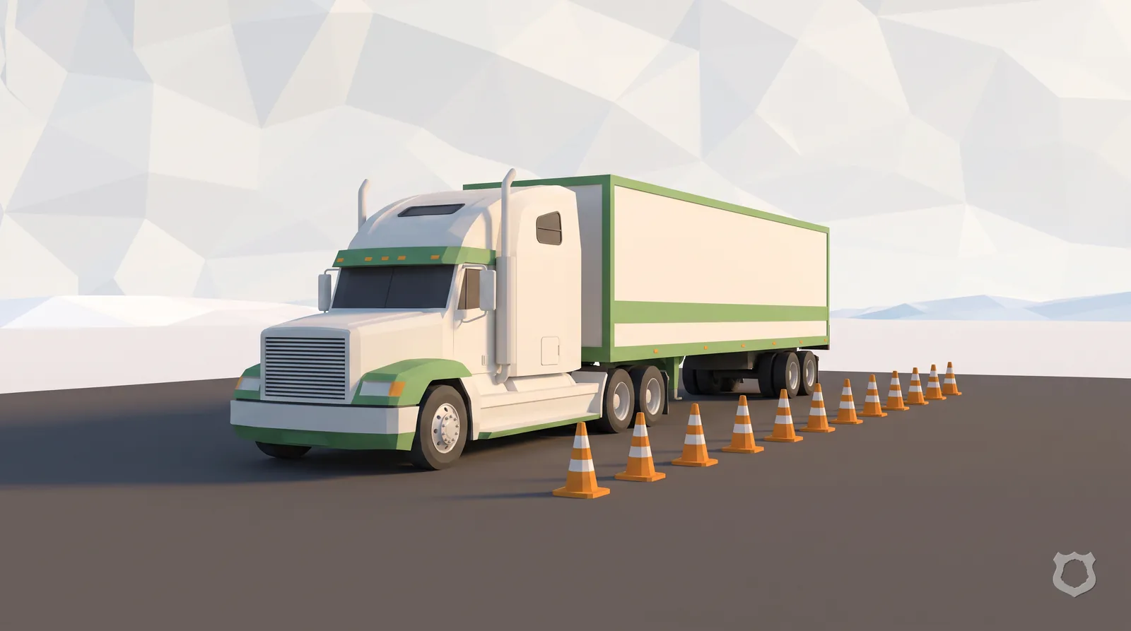 Low-poly render of a truck in a training yard with cones