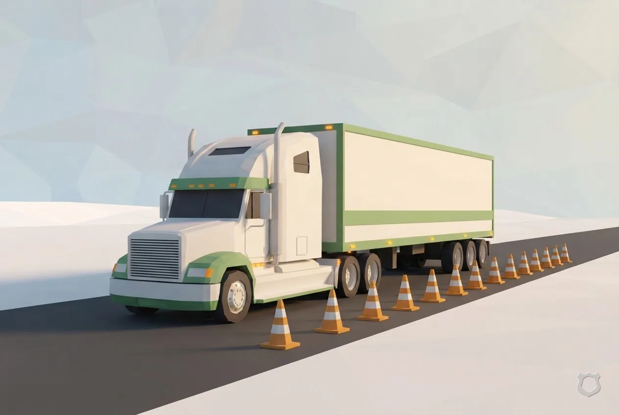 Low-poly render of a truck in a training yard with cones