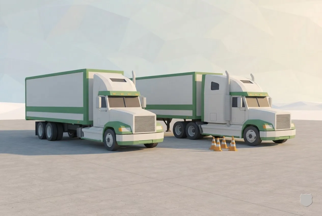 Low-poly render of a rigid straight truck with a box body parked beside a tractor-trailer, both facing the same way on an empty concrete lot