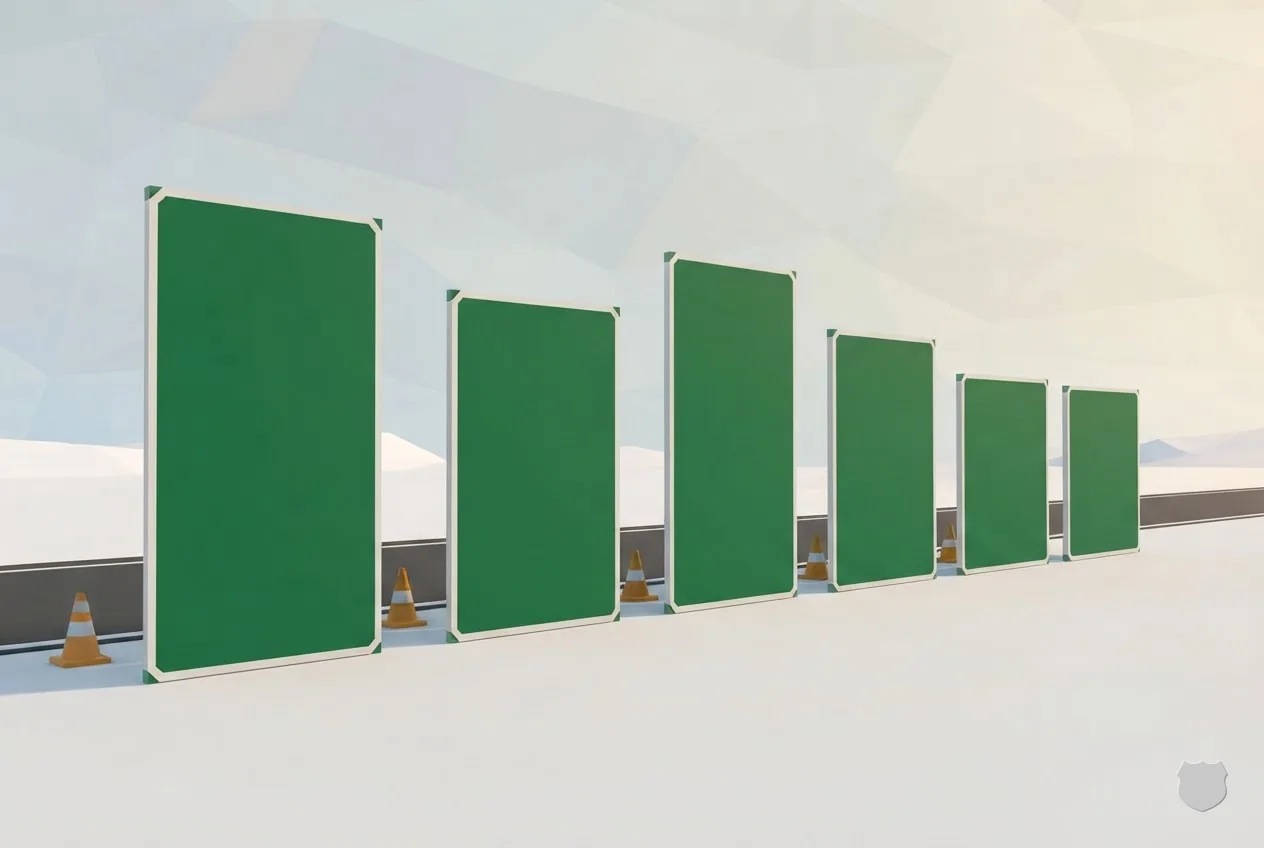 Low-poly render of a row of blank green sign panels stepping down in height along a roadside
