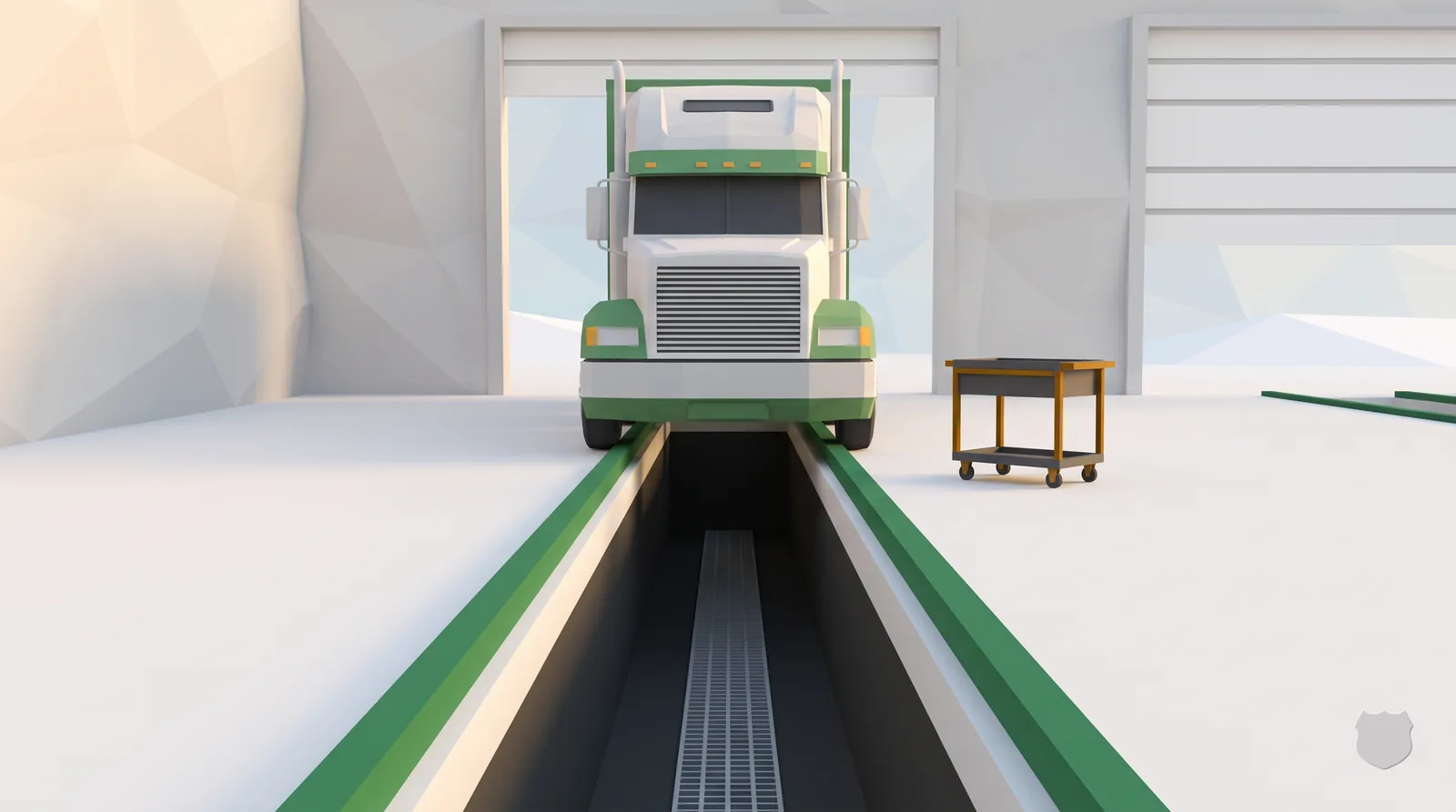 Low-poly render of a tractor-trailer standing over a workshop inspection pit