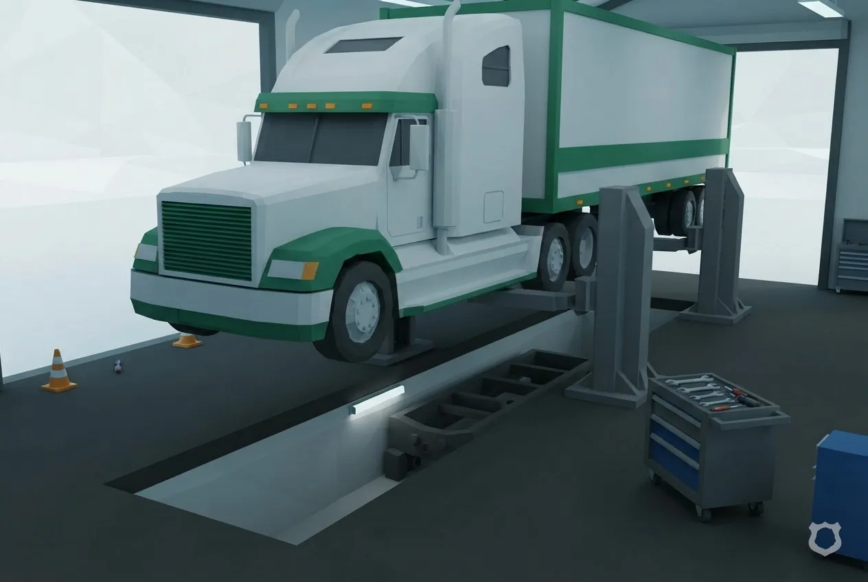 Low-poly render of a truck raised over an inspection pit