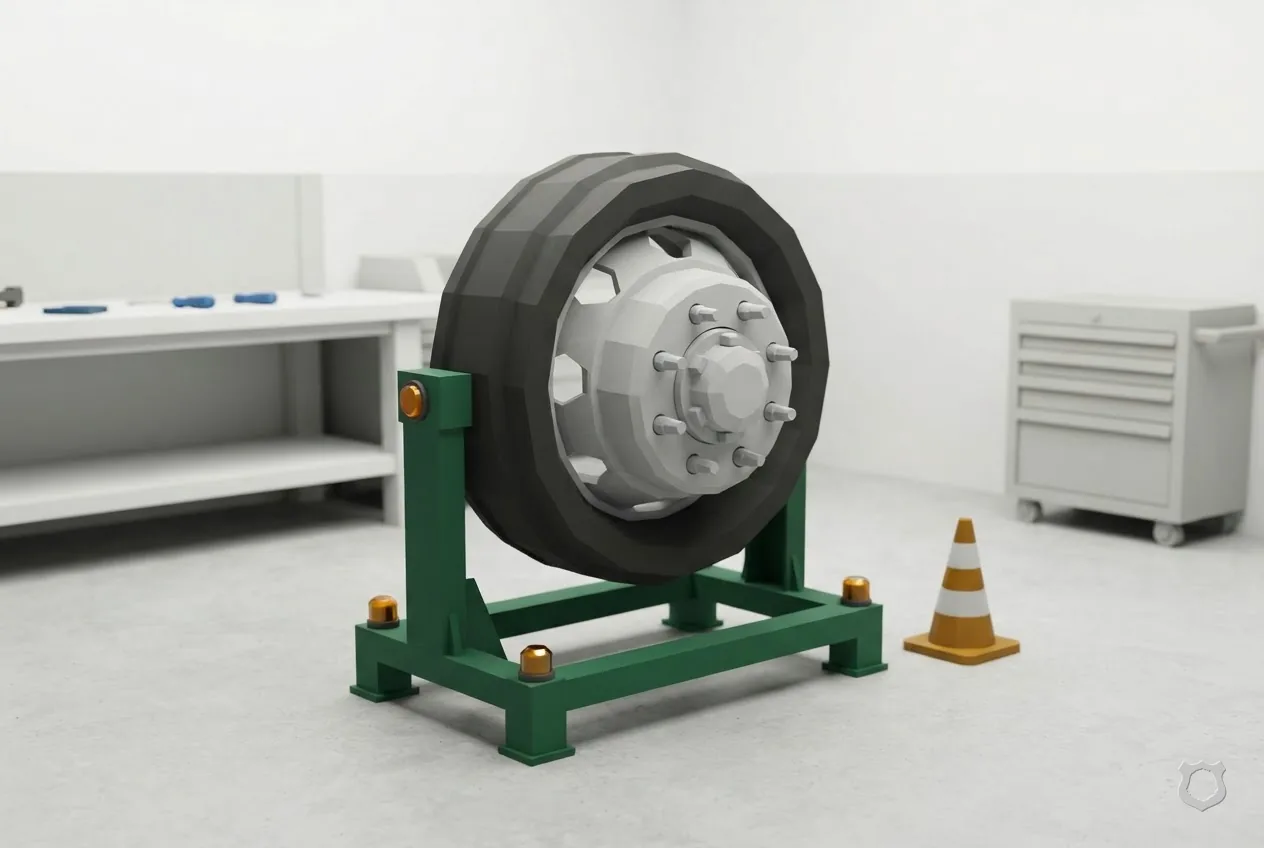 Low-poly render of a wheel assembly on a workshop stand