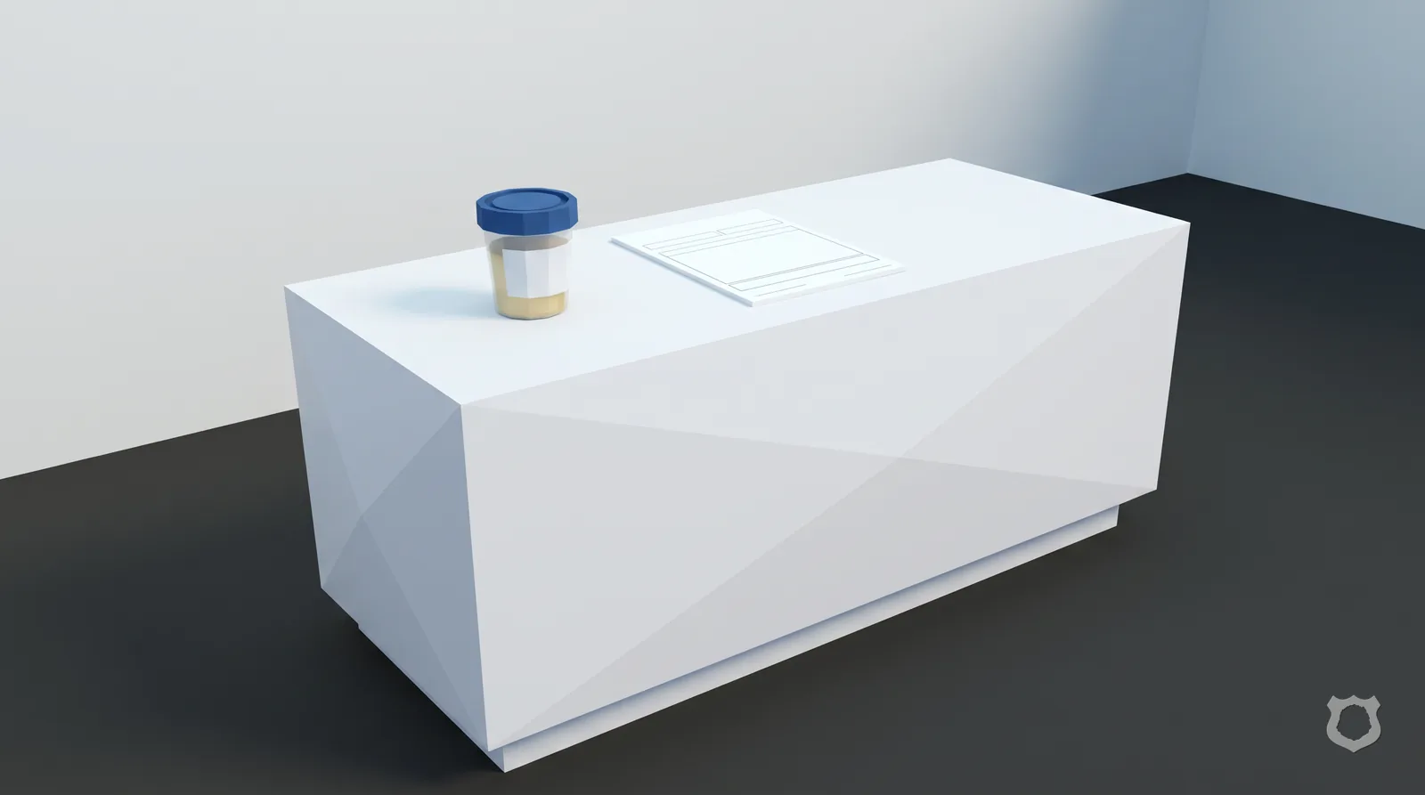 Low-poly render of a specimen cup on a clinic counter