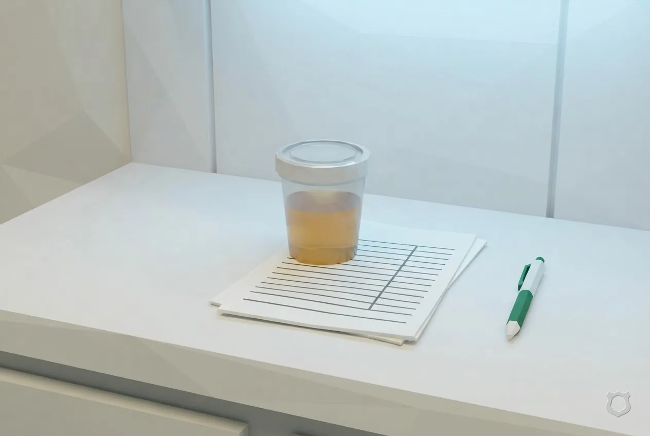 Low-poly render of a specimen cup on a clinic counter