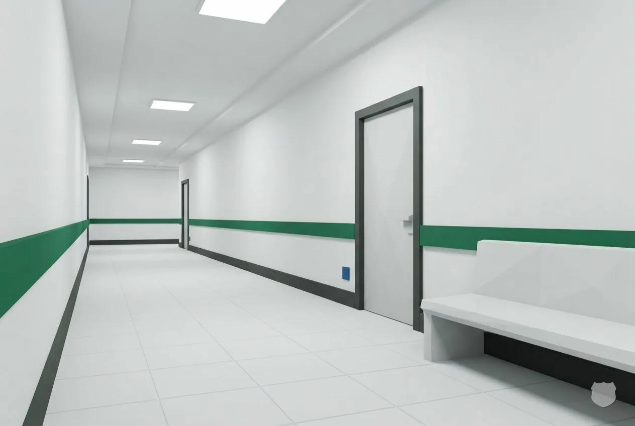 Low-poly render of an empty clinic corridor with one closed door and a bench along the wall