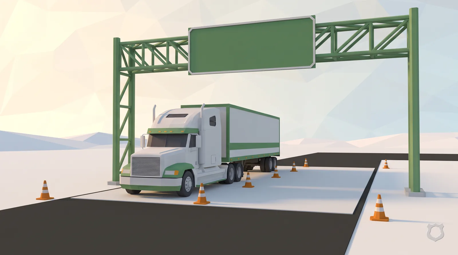Low-poly render of a truck pulled into a weigh station
