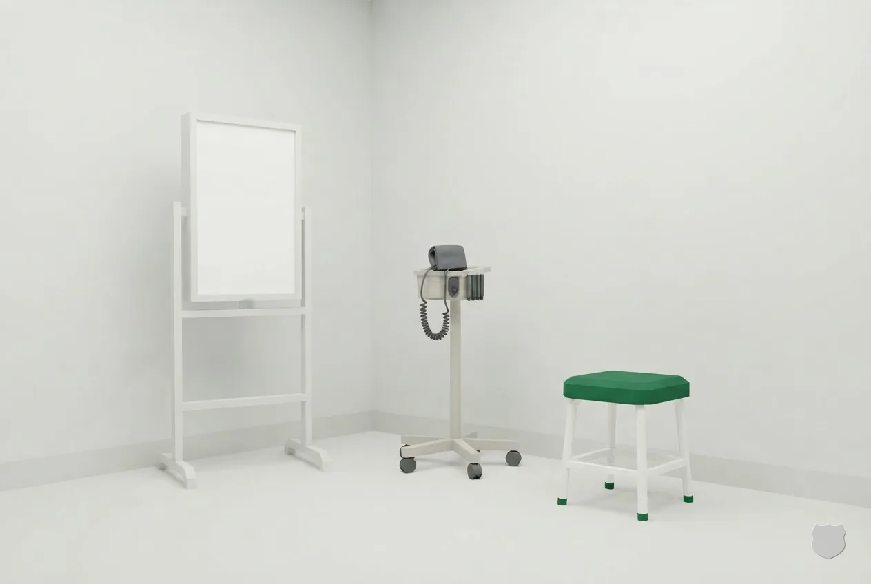Low-poly render of a clinic exam room: a blank eye-chart board on a stand, a blood-pressure cuff on a rolling stand and a stool against a pale wall