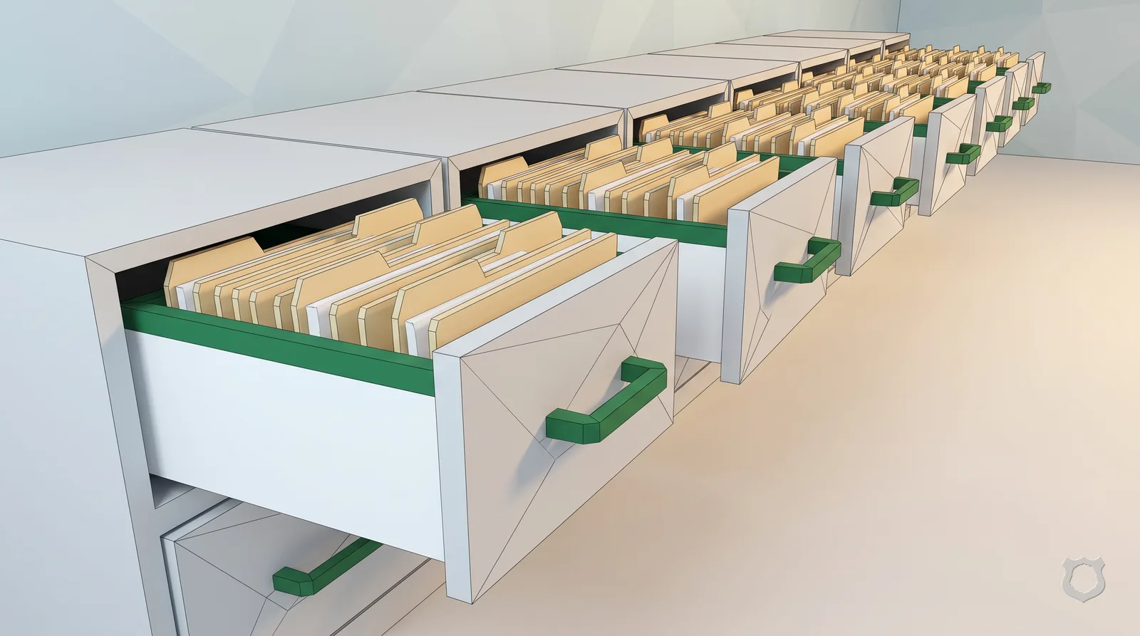 Low-poly render of a filing drawer of blank folders