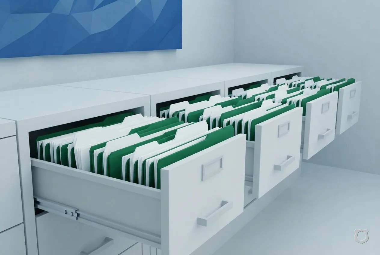 Low-poly render of a filing drawer of blank folders