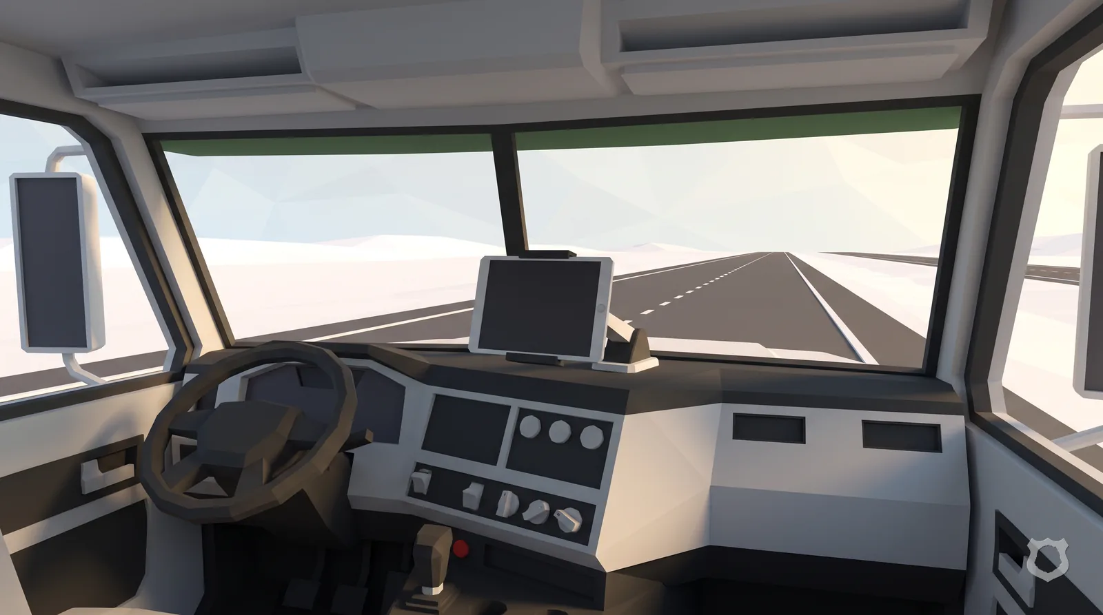 Low-poly render of a blank tablet mounted on a truck dashboard