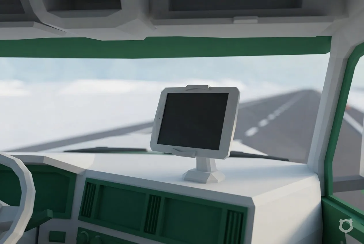 Low-poly render of a blank tablet mounted on a truck dashboard