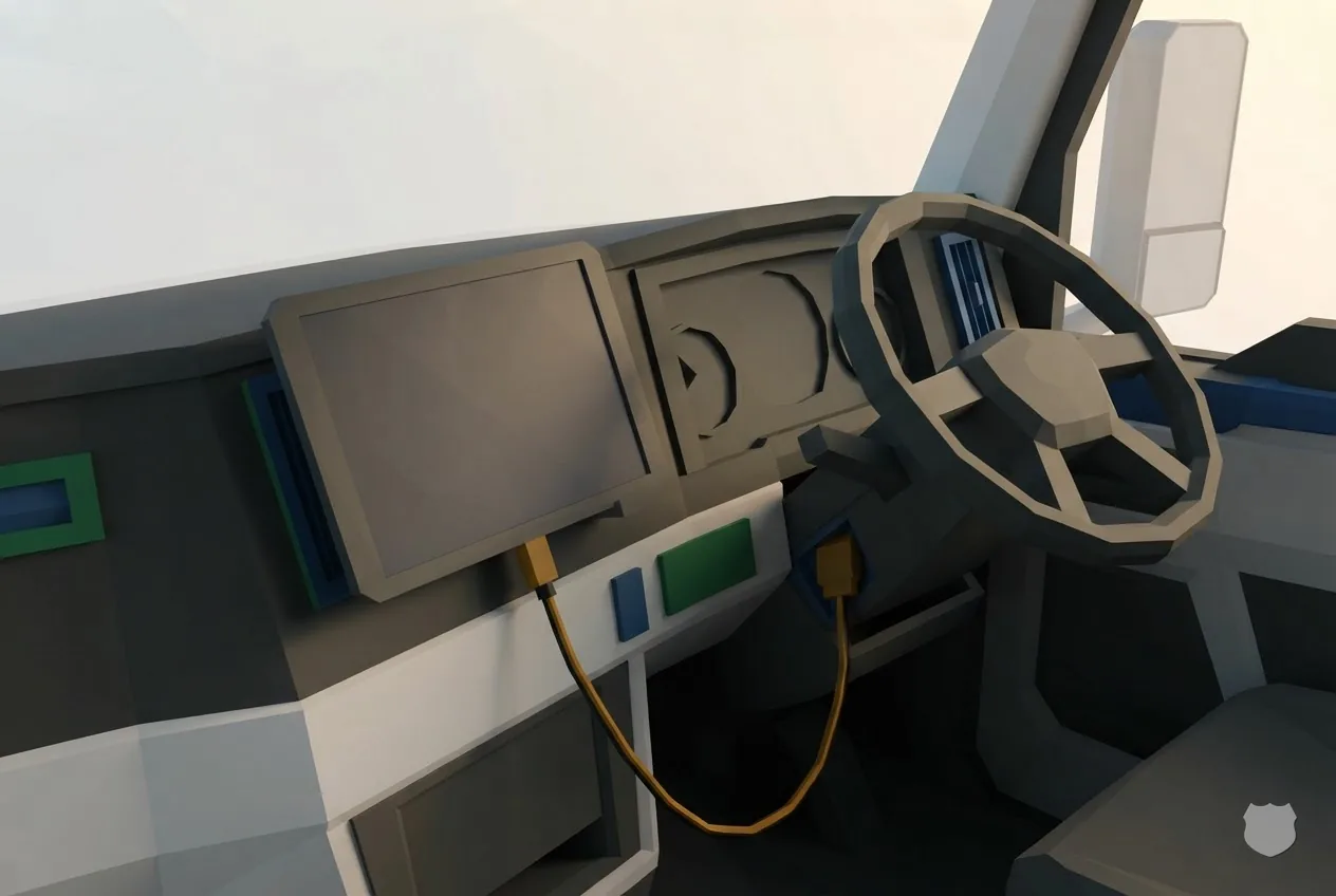 Low-poly render of a truck dashboard with a device on a mount and a cable running down to the dash beside the steering wheel