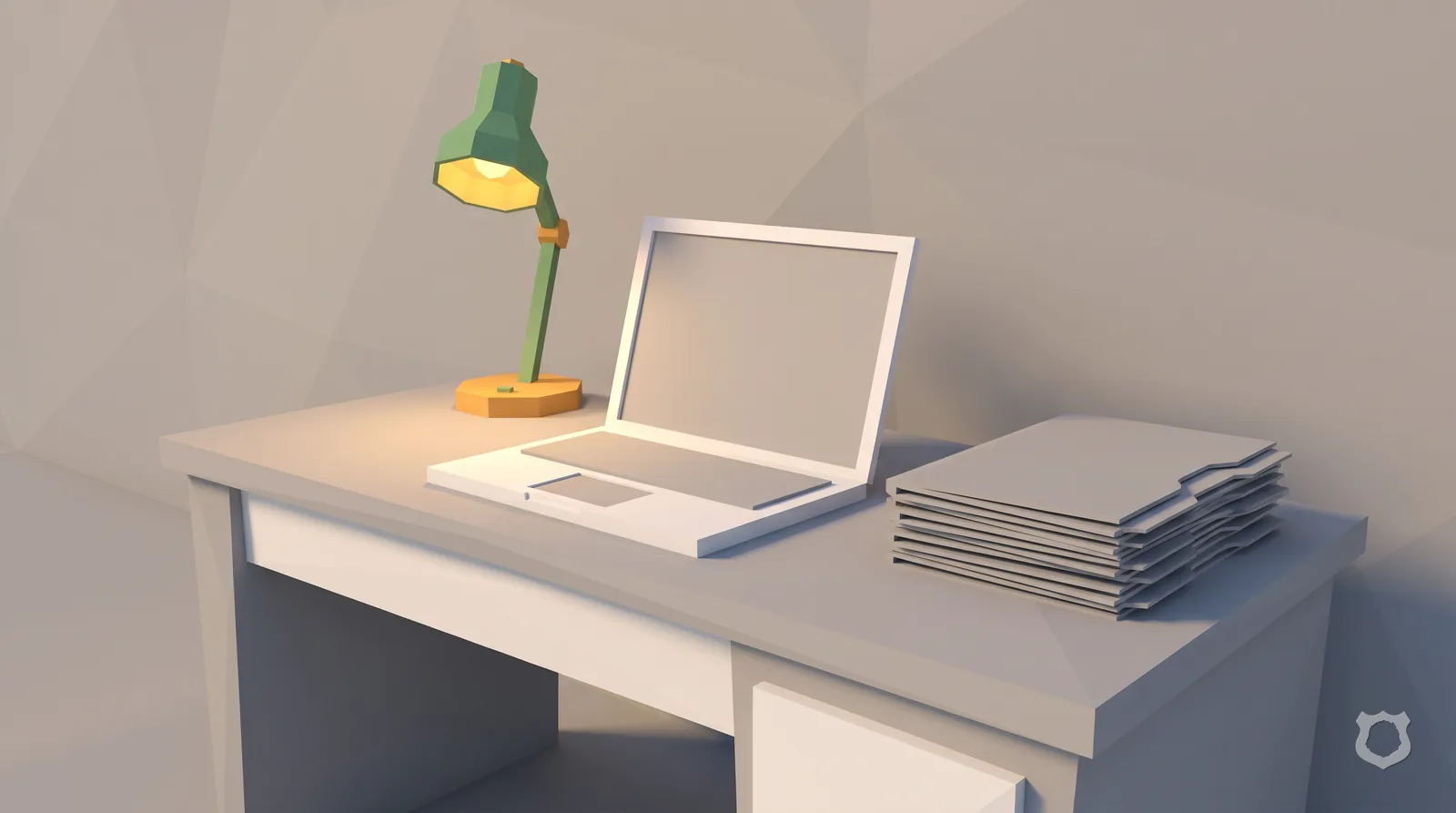 Low-poly render of an office desk with blank folders