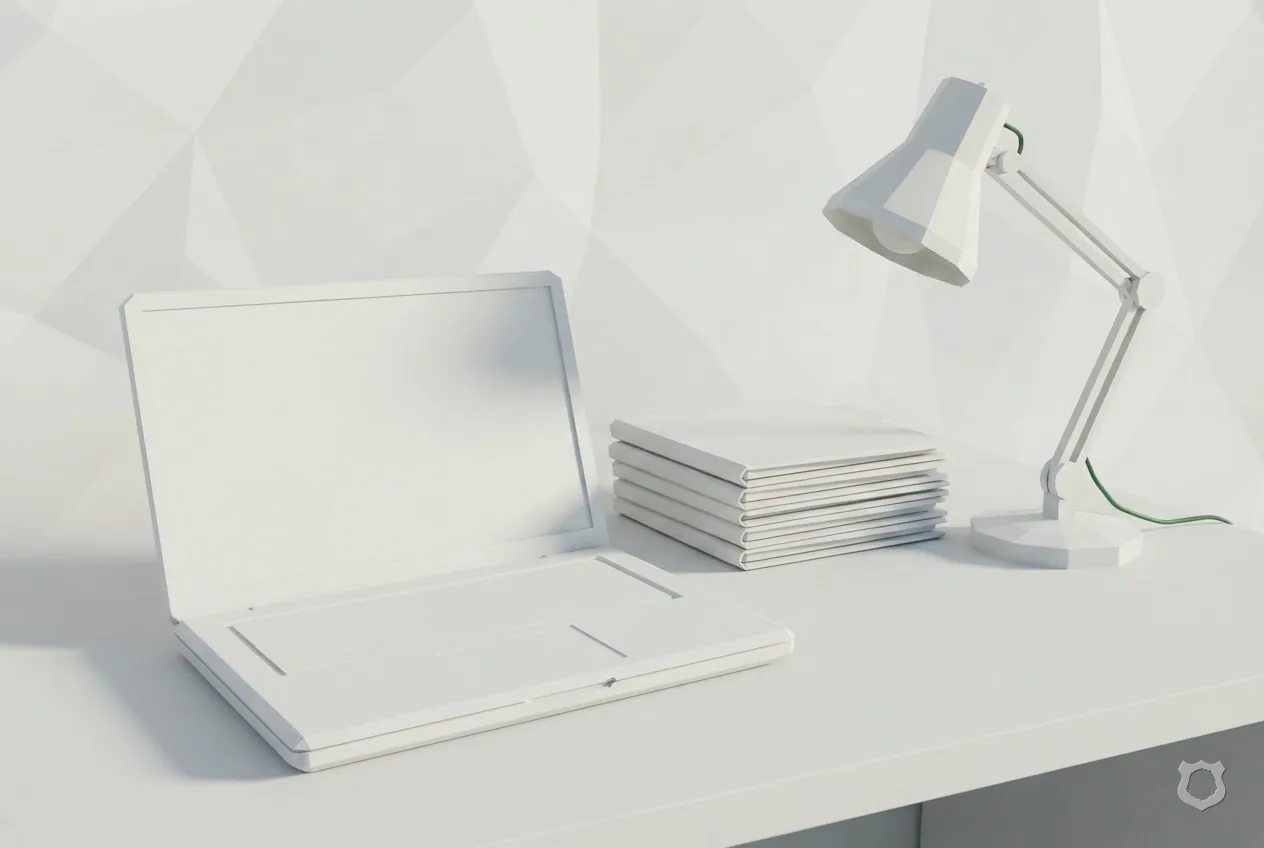 Low-poly render of an office desk with blank folders