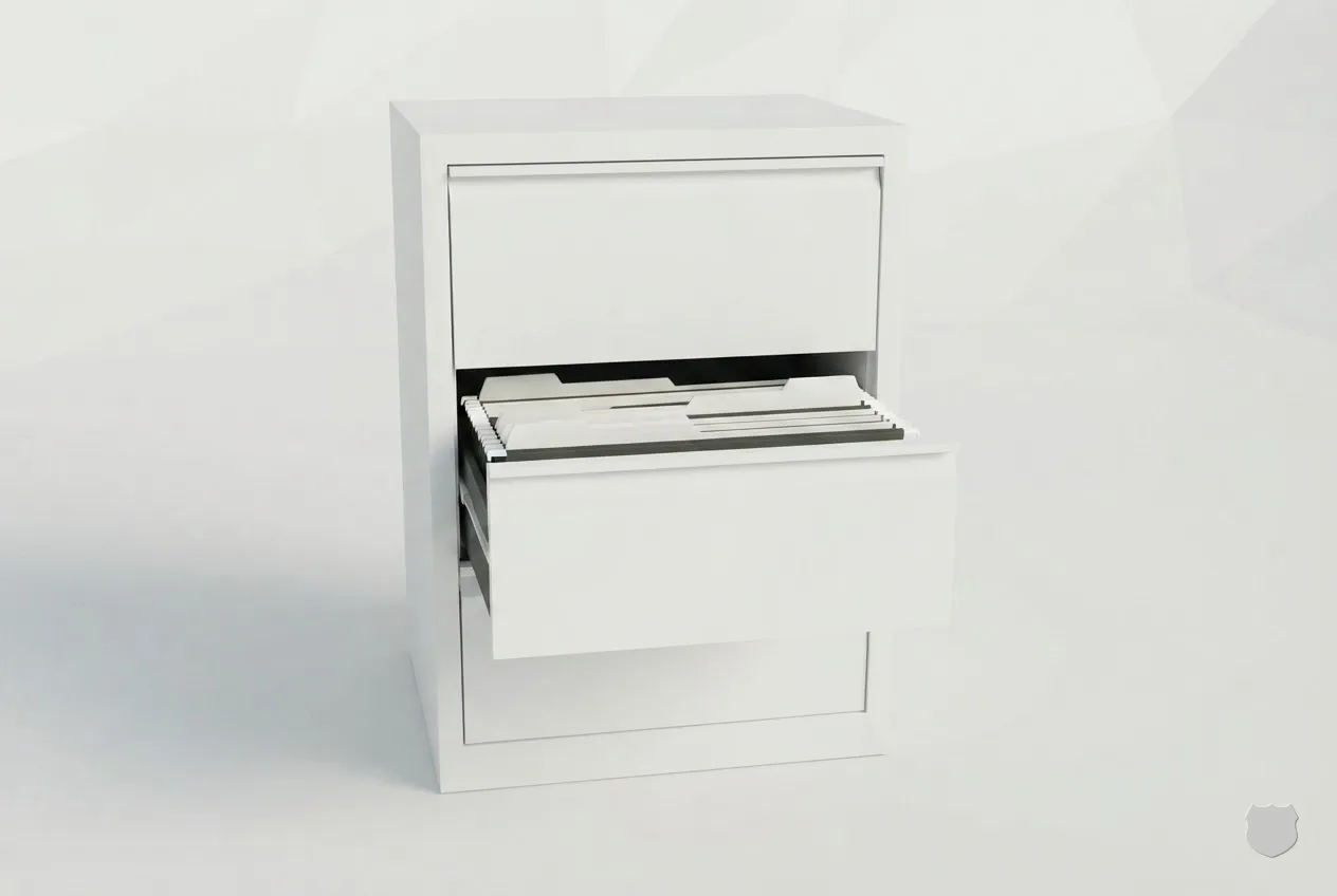 Low-poly render of a filing cabinet with one drawer open on blank folders