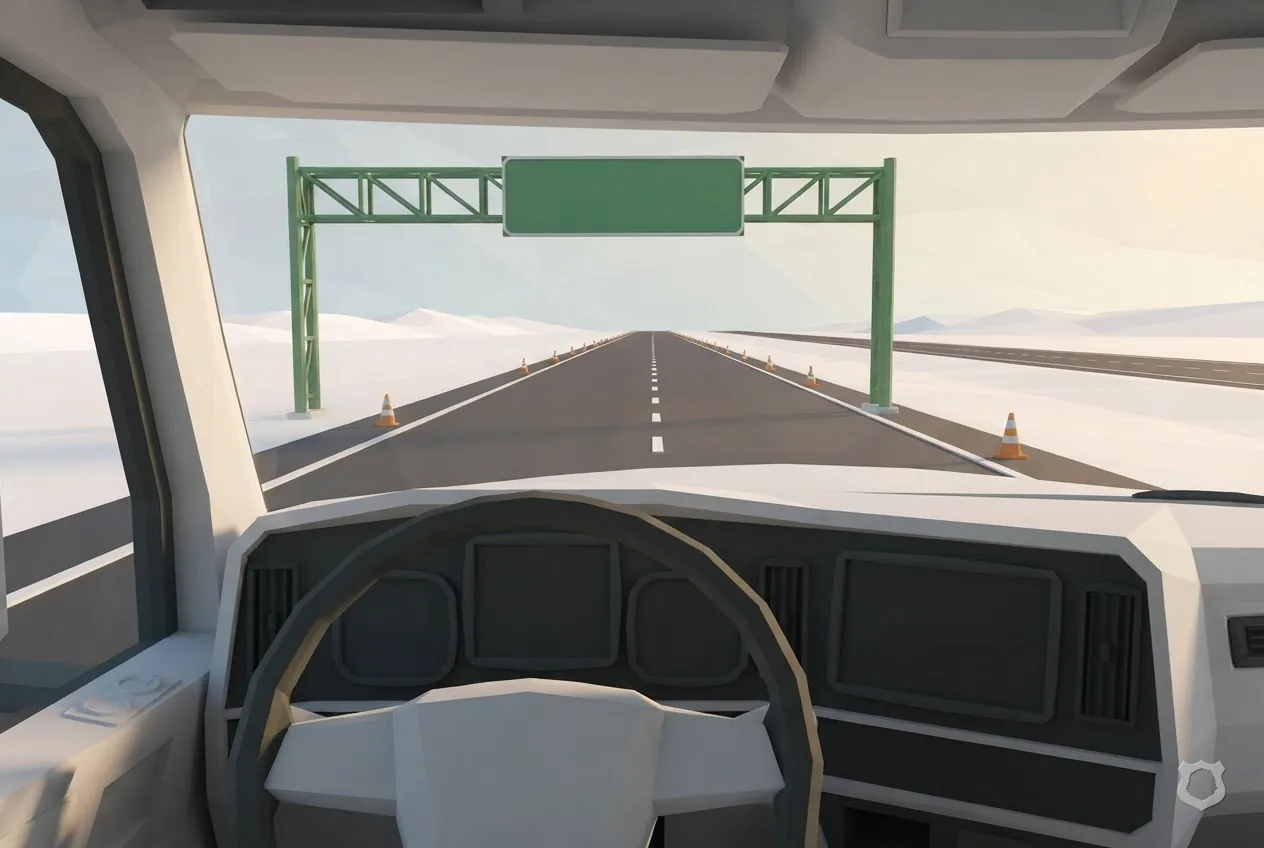 Low-poly render of a truck cab dashboard with blank screens