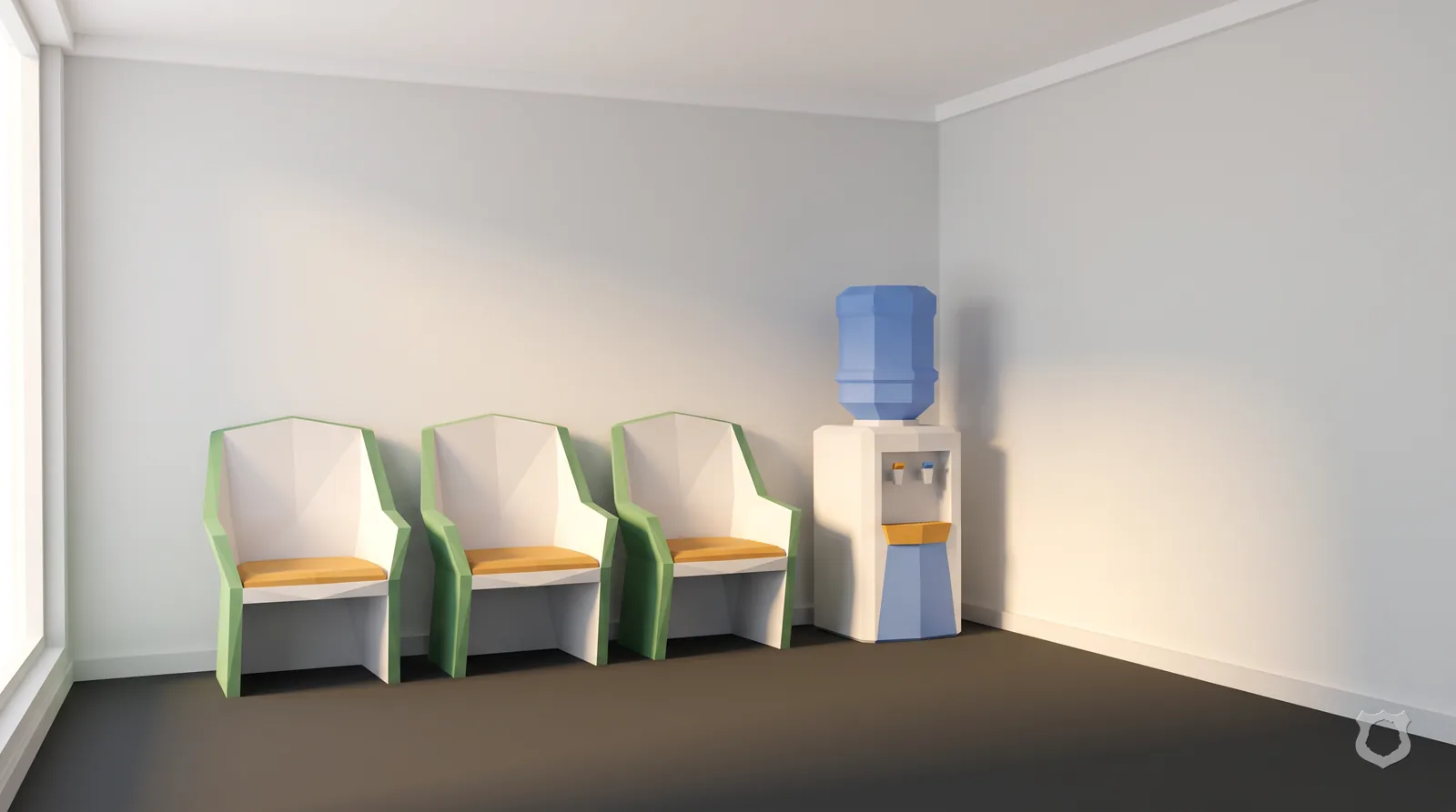 Low-poly render of an empty clinic waiting area