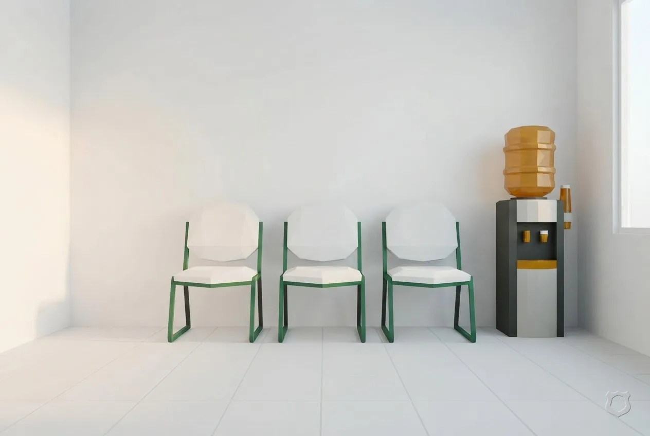 Low-poly render of an empty clinic waiting area