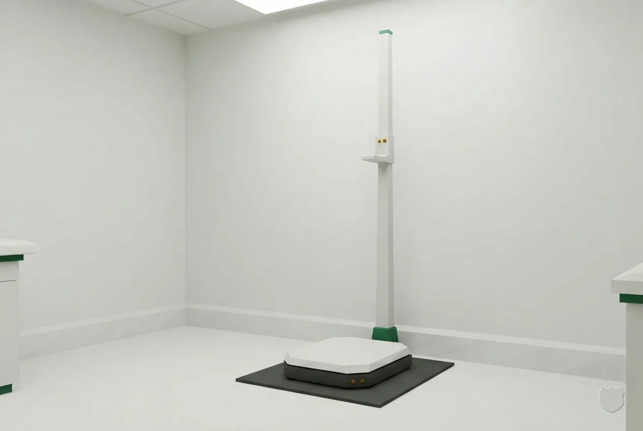 Low-poly render of a clinic exam room with a floor scale and a height rod against a pale wall