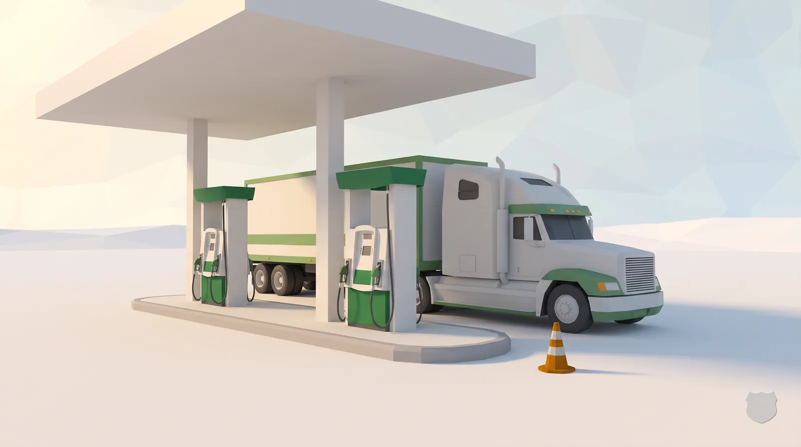 Low-poly render of a white tractor-trailer pulled up at a truck-stop fuel island: two pumps on a raised kerbed island under a flat canopy, on a plain concrete apron