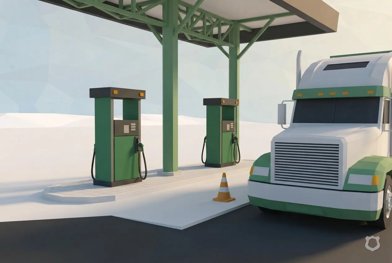 Low-poly render of a fuel island at a truck stop