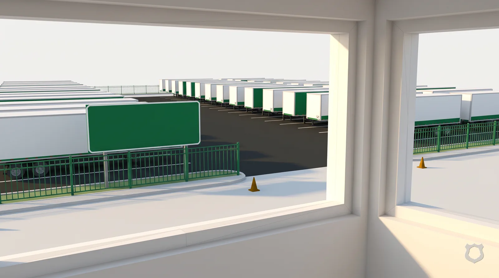 Low-poly render of a dispatch office overlooking a trailer yard