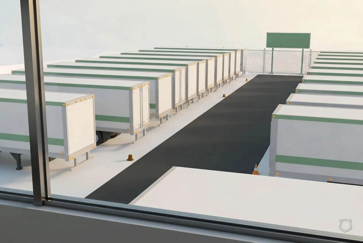 Low-poly render of a dispatch office overlooking a trailer yard