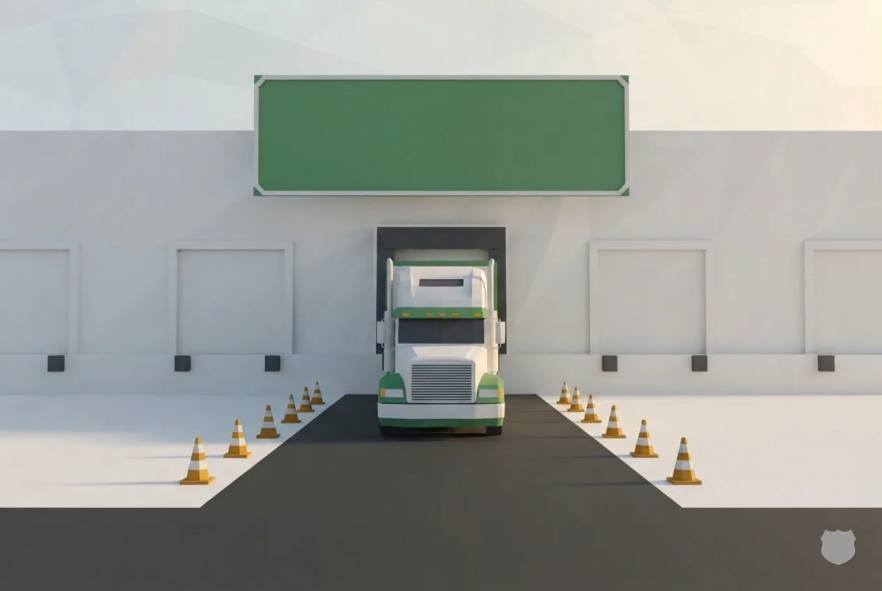 Low-poly render of a white tractor at a loading dock bay under a blank green sign, cones on the apron