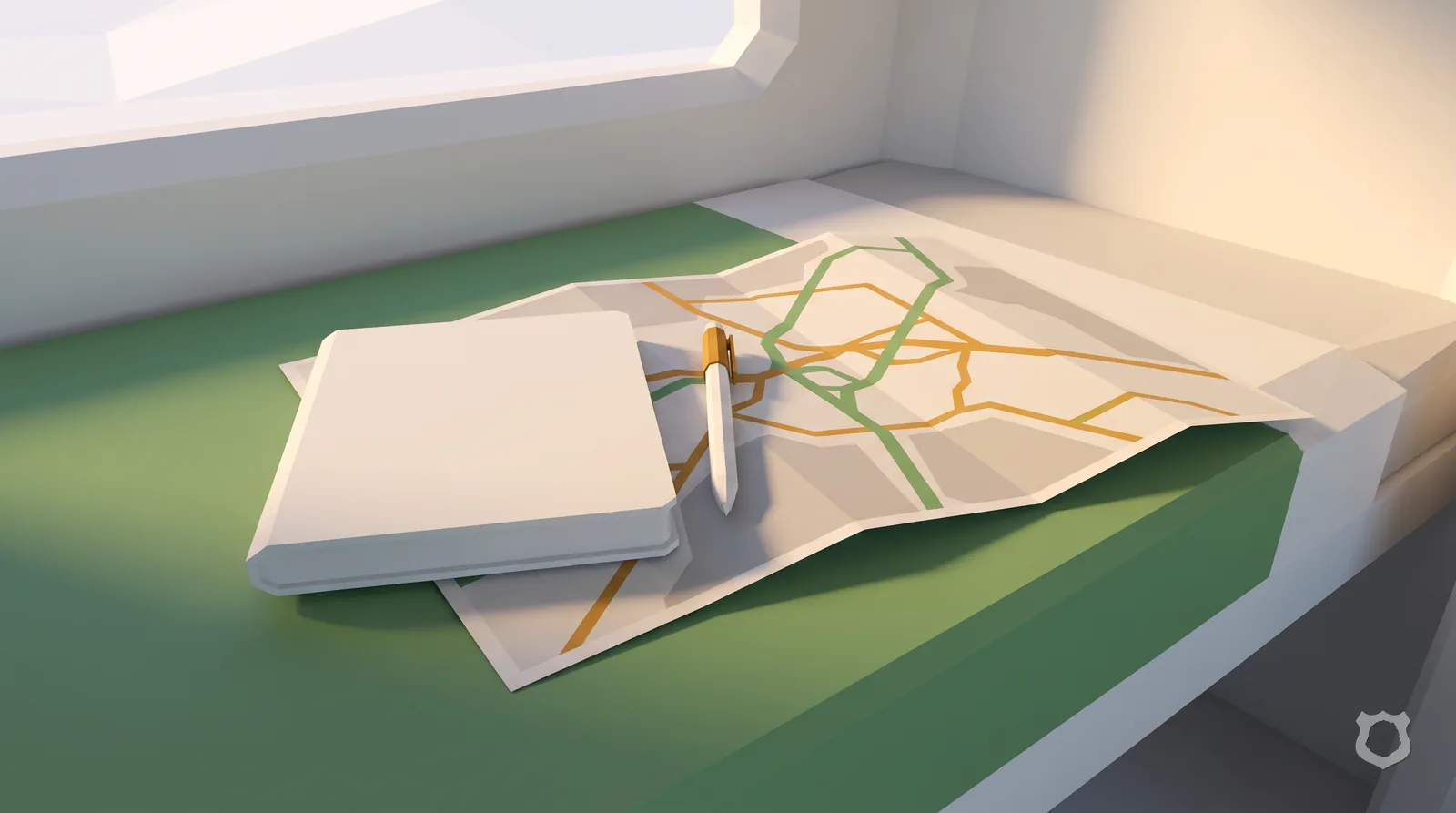Low-poly render of a blank logbook and pen on a bunk