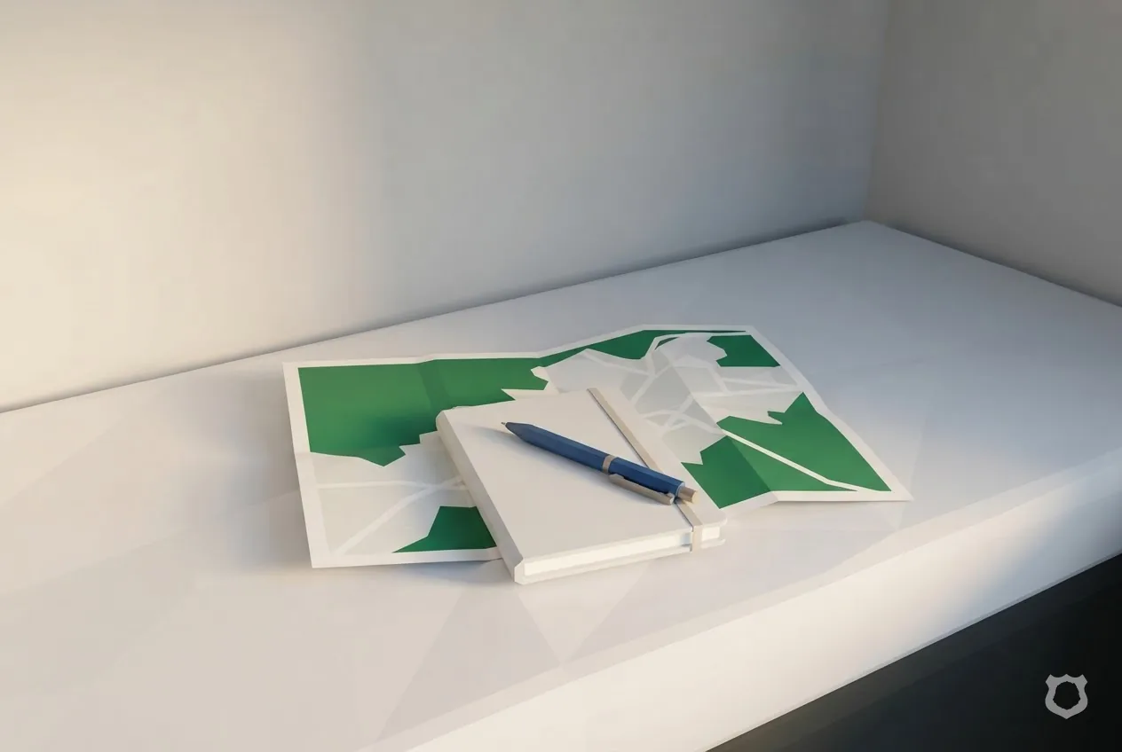 Low-poly render of a blank logbook and pen on a bunk
