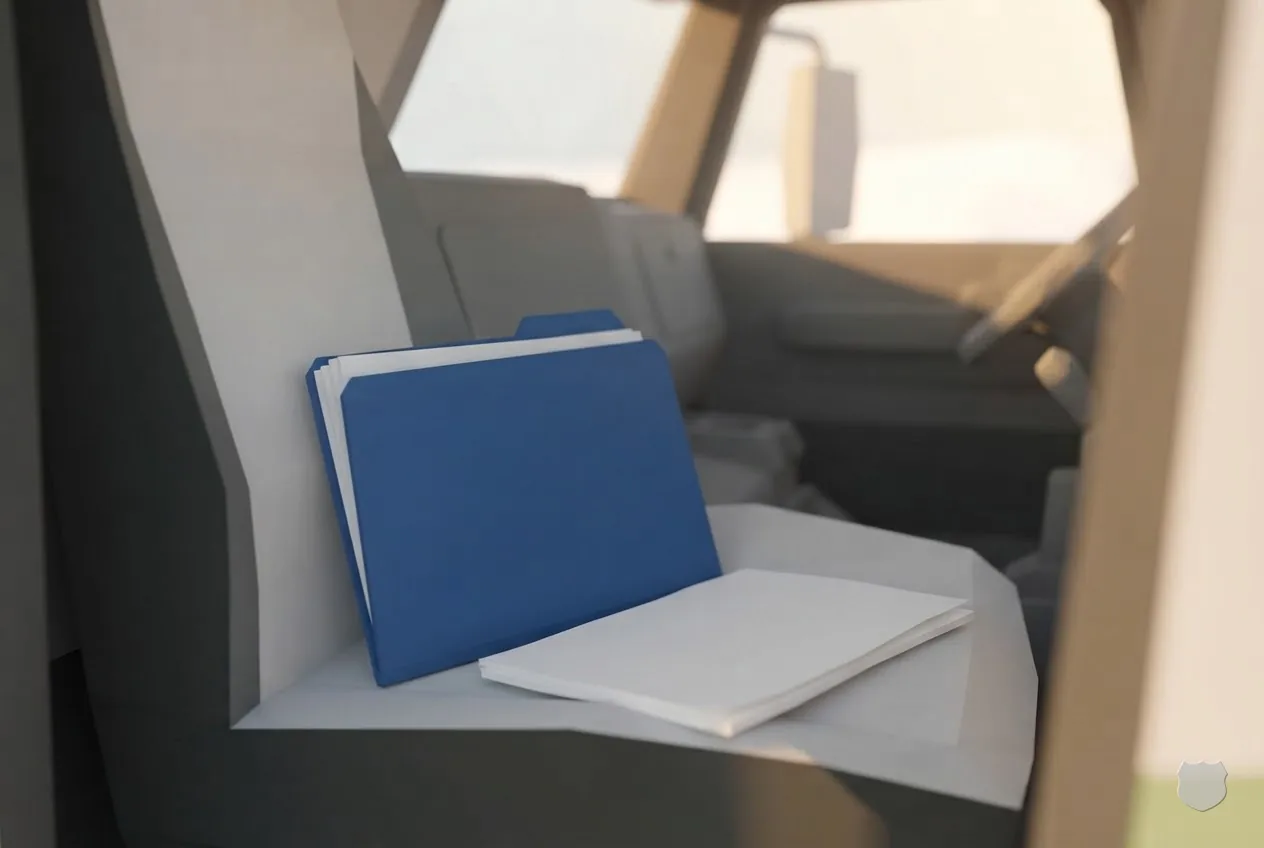 Low-poly render of a document folder holding blank paper on a cab passenger seat